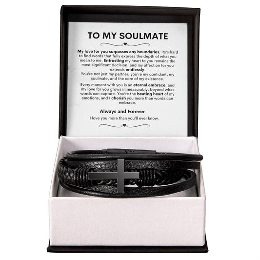 To My Soulmate | Men's Cross Bracelet | Stainless Steel | Vegan Leather | Magnetic Clasp